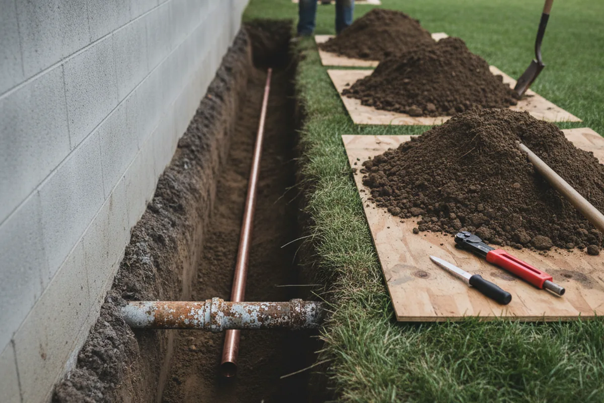 Excavated water line trench during Water Heater Repair in Minnie